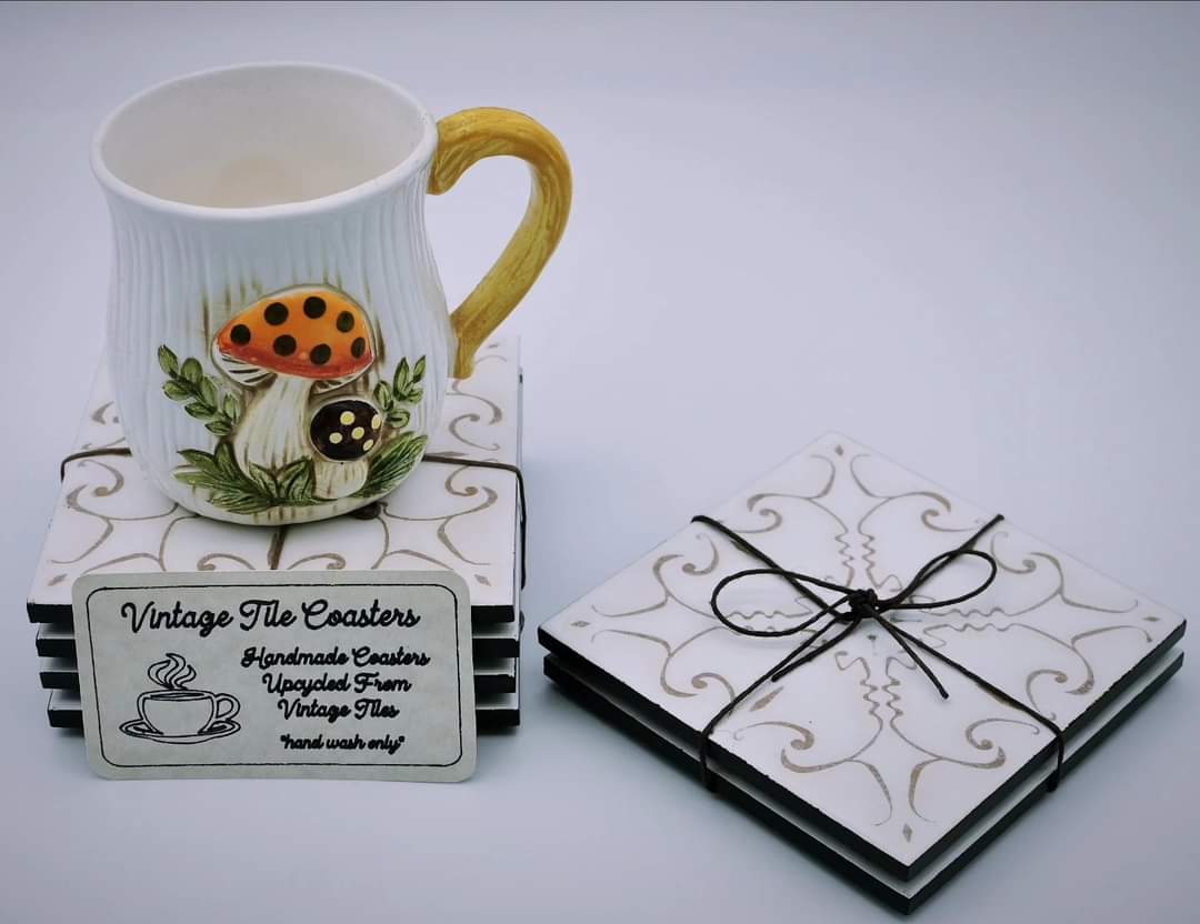 Vintage Upcycled Tile Coasters 4 pack